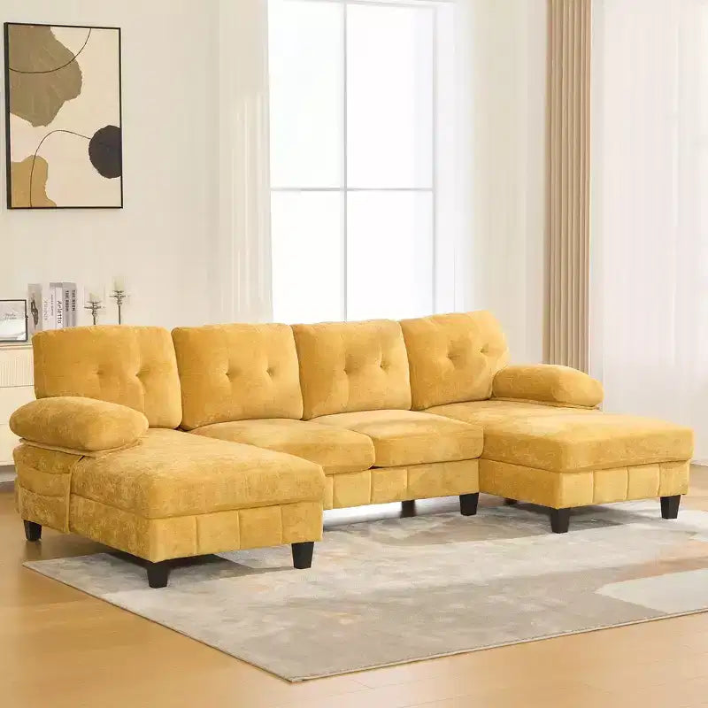 Canapé d'angle en chenille Whisen en U avec deux méridiennes, poches de rangement et oreillers d'accoudoir