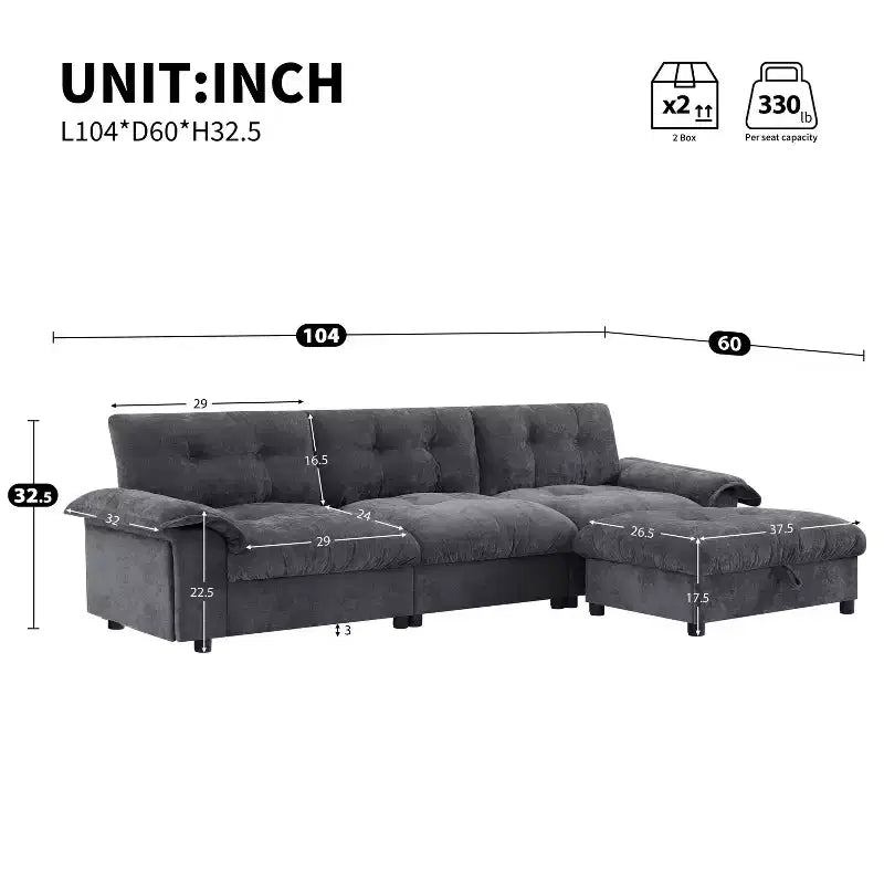 Divano modulare a 4 posti con pouf contenitore, portabicchieri, ricarica USB e Type-C, cuscini trapuntati, vani portaoggetti sui braccioli, rivestimento morbido