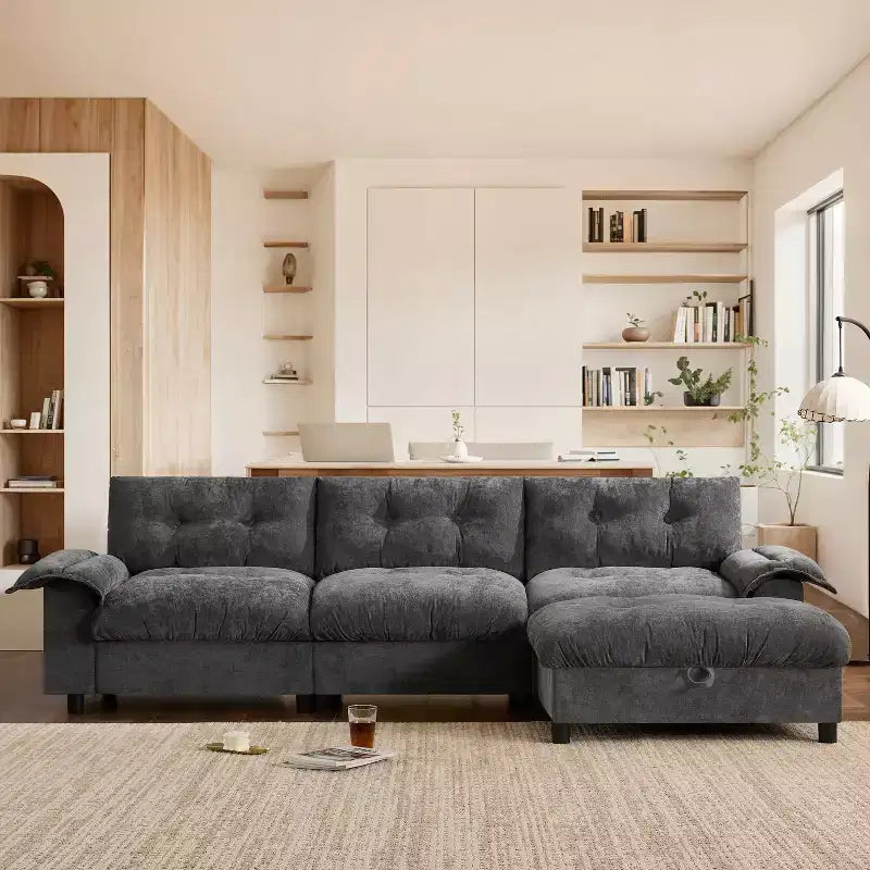 Divano modulare a 4 posti con pouf contenitore, portabicchieri, ricarica USB e Type-C, cuscini trapuntati, vani portaoggetti sui braccioli, rivestimento morbido