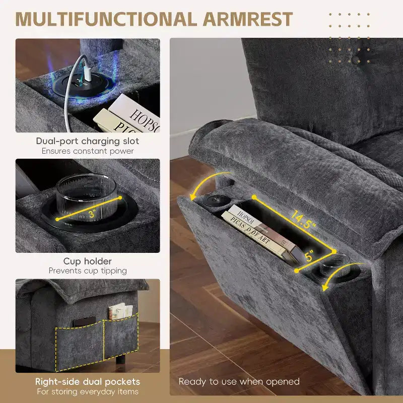 Divano modulare a 4 posti con pouf contenitore, portabicchieri, ricarica USB e Type-C, cuscini trapuntati, vani portaoggetti sui braccioli, rivestimento morbido