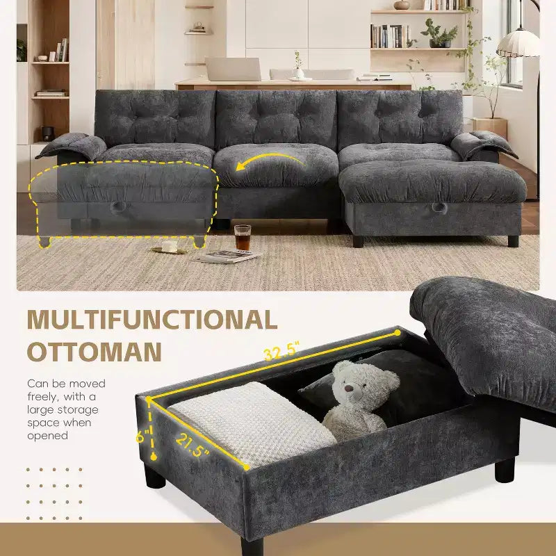 Divano modulare a 4 posti con pouf contenitore, portabicchieri, ricarica USB e Type-C, cuscini trapuntati, vani portaoggetti sui braccioli, rivestimento morbido
