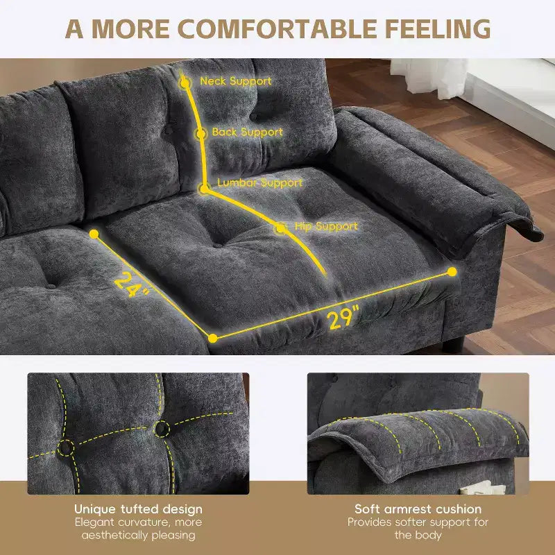 Divano modulare a 4 posti con pouf contenitore, portabicchieri, ricarica USB e Type-C, cuscini trapuntati, vani portaoggetti sui braccioli, rivestimento morbido