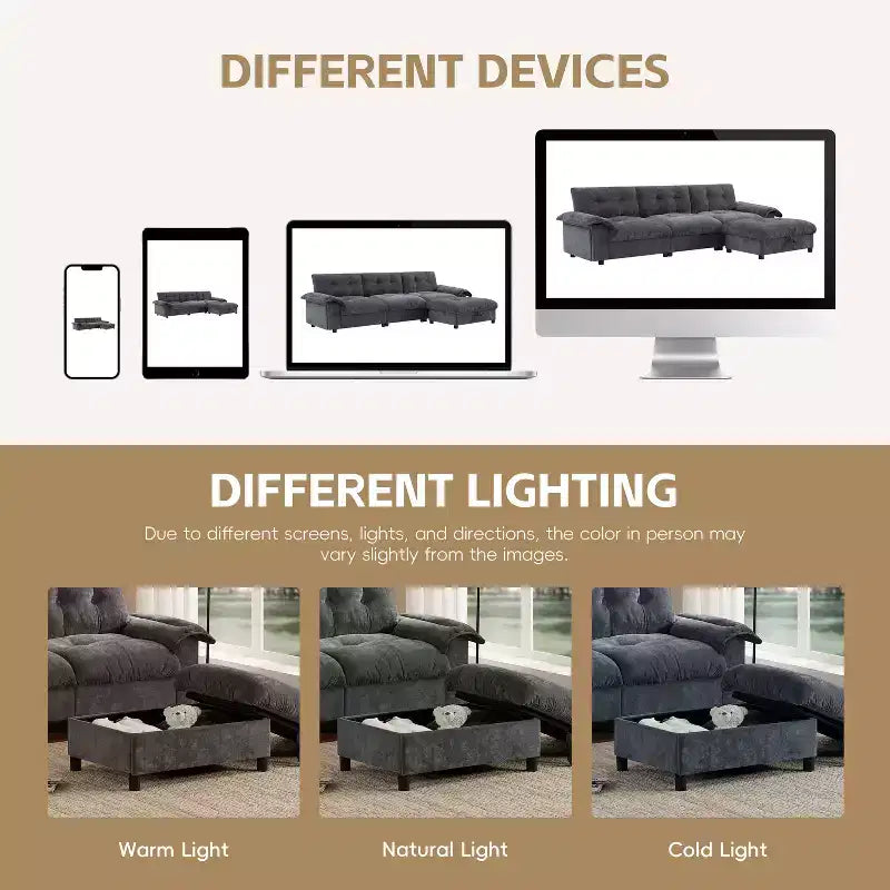 Divano modulare a 4 posti con pouf contenitore, portabicchieri, ricarica USB e Type-C, cuscini trapuntati, vani portaoggetti sui braccioli, rivestimento morbido