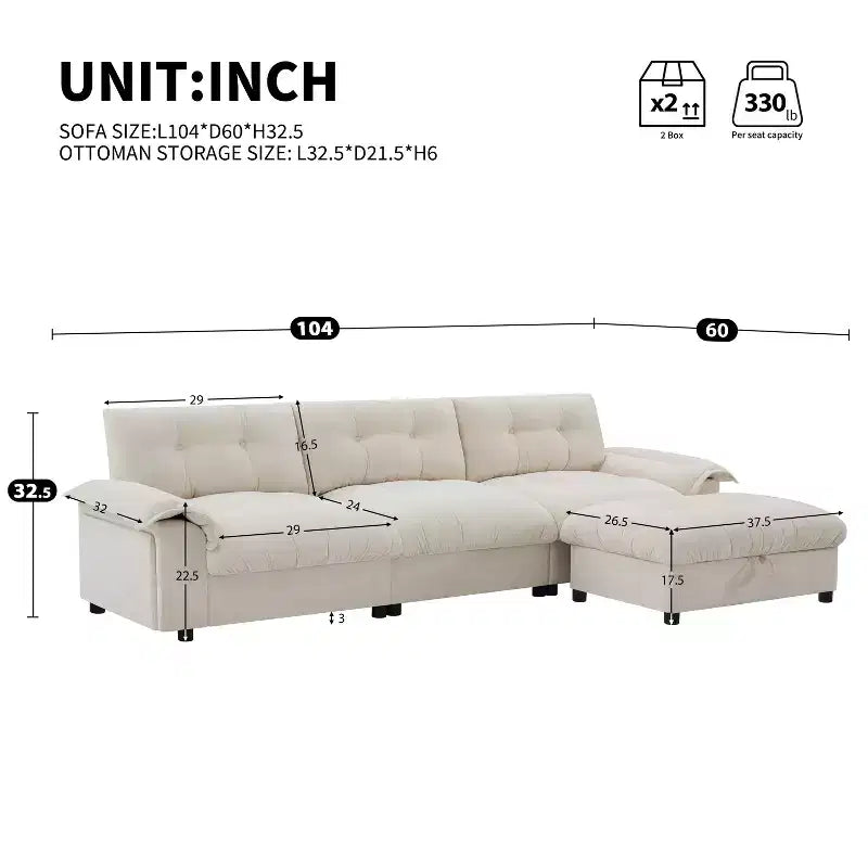 Divano modulare a 4 posti con pouf contenitore, portabicchieri, ricarica USB e Type-C, cuscini trapuntati, vani portaoggetti sui braccioli, rivestimento morbido