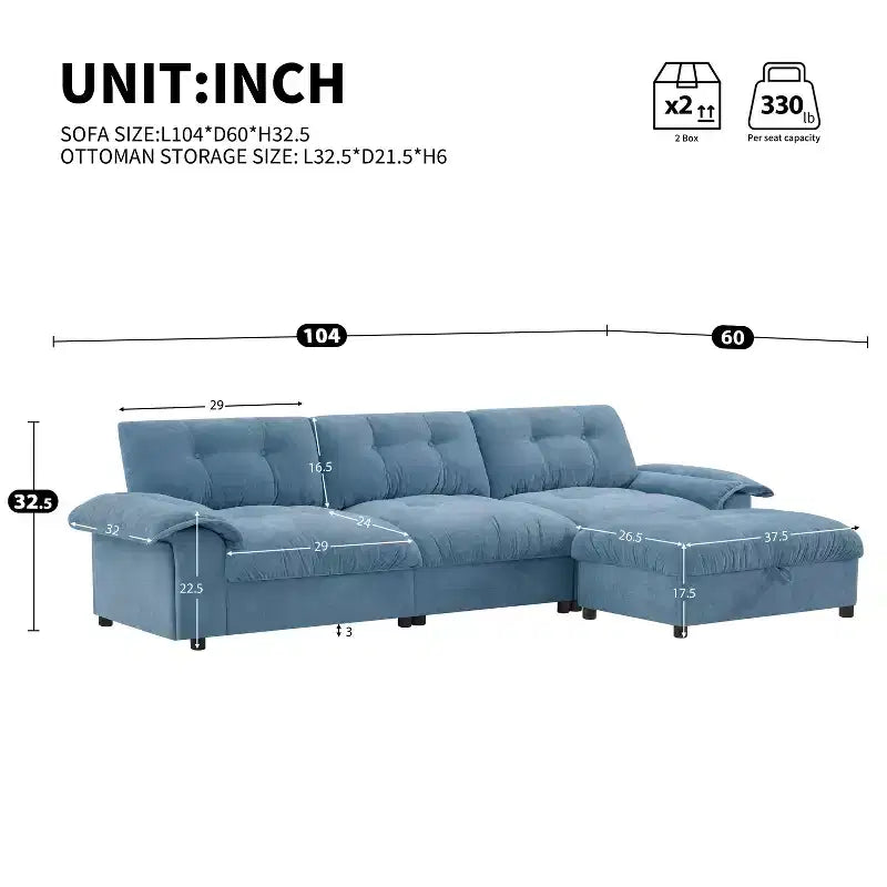 Divano modulare a 4 posti con pouf contenitore, portabicchieri, ricarica USB e Type-C, cuscini trapuntati, vani portaoggetti sui braccioli, rivestimento morbido
