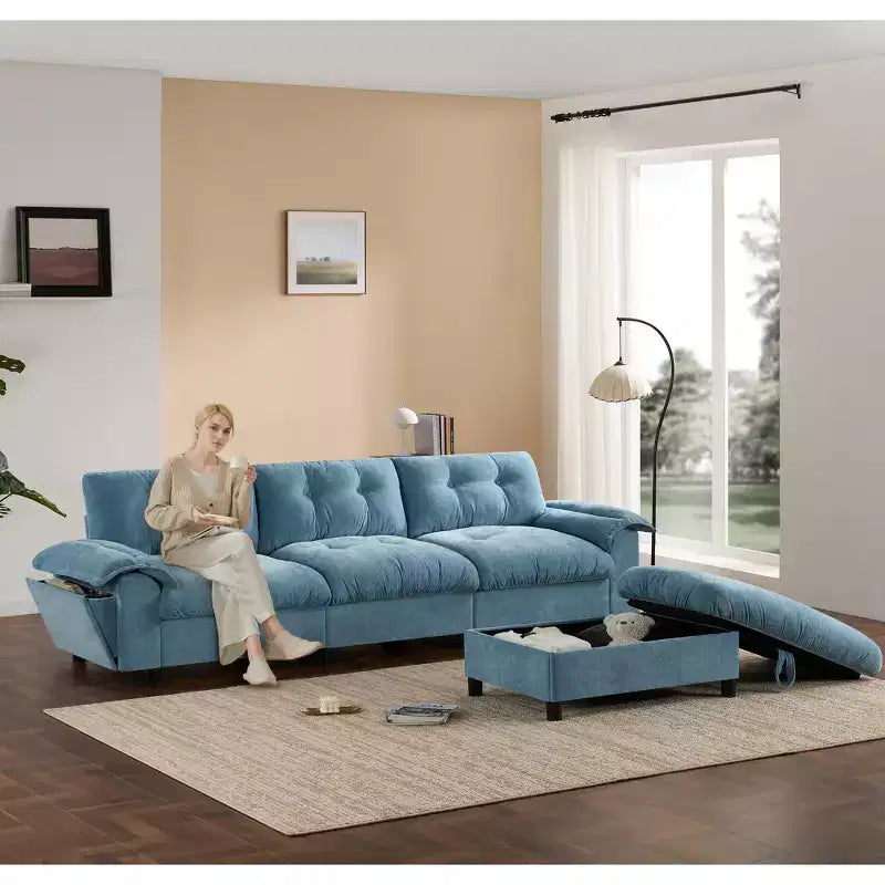 Divano modulare a 4 posti con pouf contenitore, portabicchieri, ricarica USB e Type-C, cuscini trapuntati, vani portaoggetti sui braccioli, rivestimento morbido