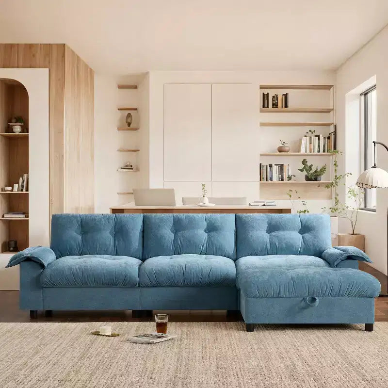 Divano modulare a 4 posti con pouf contenitore, portabicchieri, ricarica USB e Type-C, cuscini trapuntati, vani portaoggetti sui braccioli, rivestimento morbido
