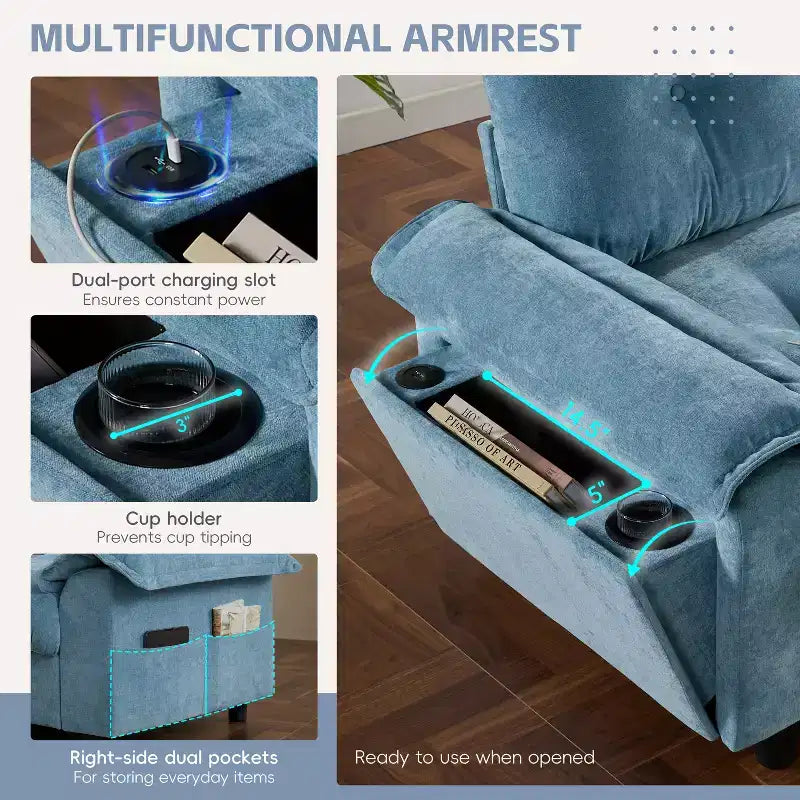 Divano modulare a 4 posti con pouf contenitore, portabicchieri, ricarica USB e Type-C, cuscini trapuntati, vani portaoggetti sui braccioli, rivestimento morbido