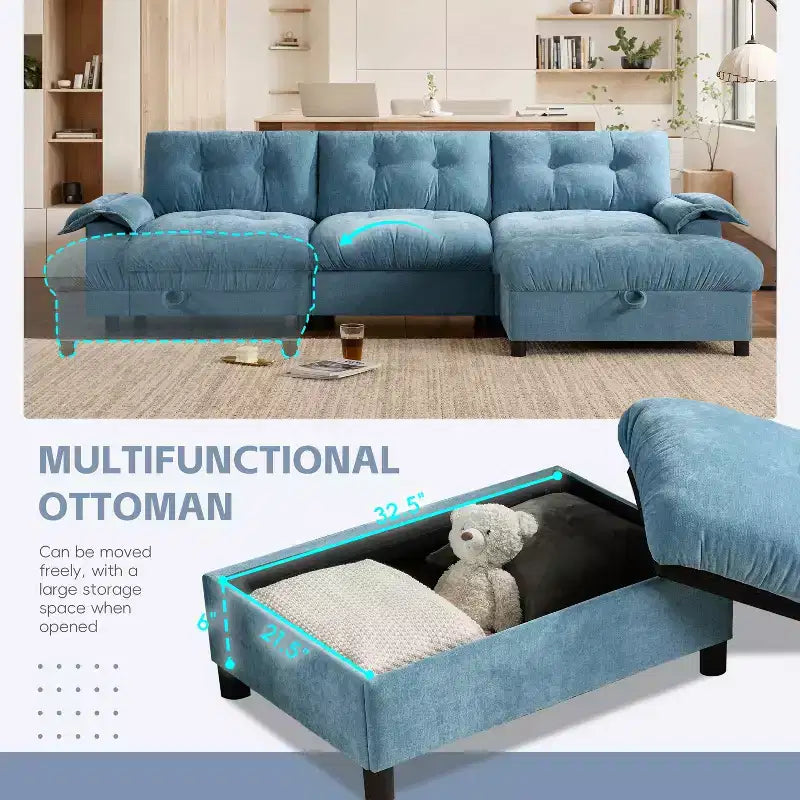 Divano modulare a 4 posti con pouf contenitore, portabicchieri, ricarica USB e Type-C, cuscini trapuntati, vani portaoggetti sui braccioli, rivestimento morbido