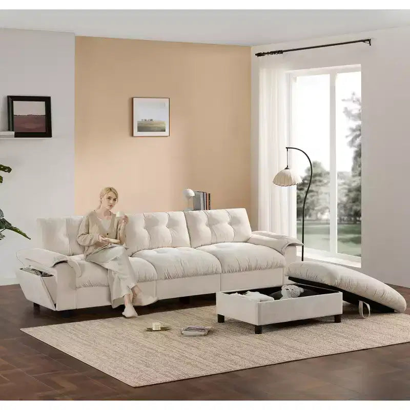 Divano modulare a 4 posti con pouf contenitore, portabicchieri, ricarica USB e Type-C, cuscini trapuntati, vani portaoggetti sui braccioli, rivestimento morbido