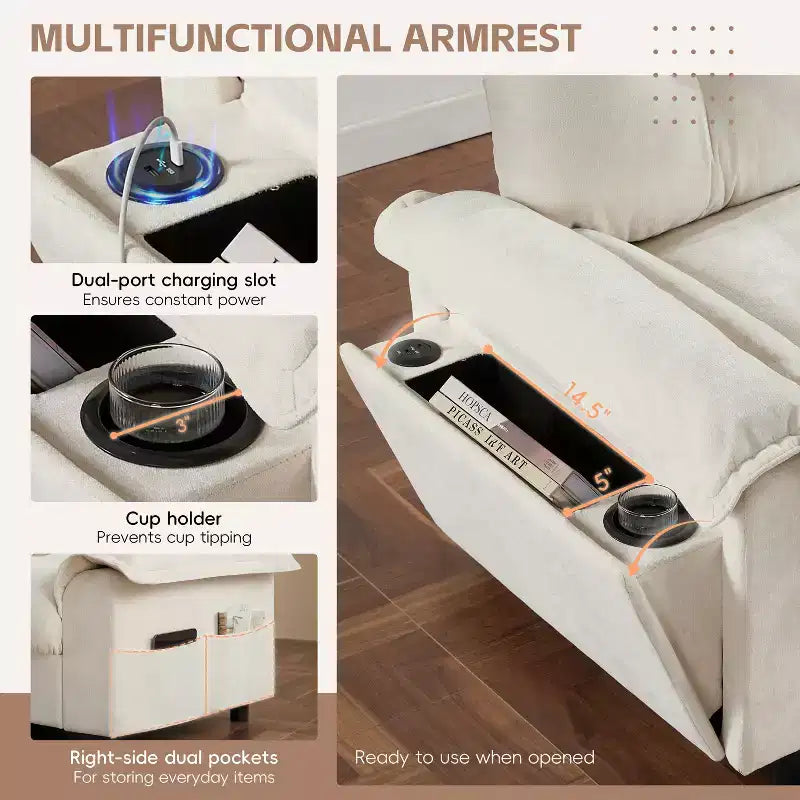 Divano modulare a 4 posti con pouf contenitore, portabicchieri, ricarica USB e Type-C, cuscini trapuntati, vani portaoggetti sui braccioli, rivestimento morbido