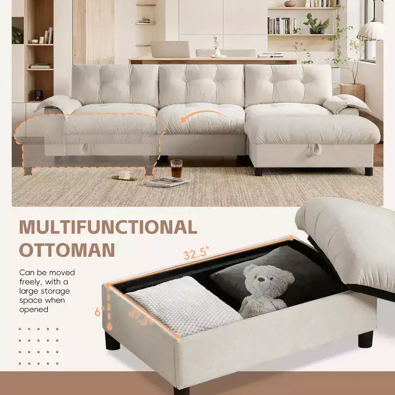 Divano modulare a 4 posti con pouf contenitore, portabicchieri, ricarica USB e Type-C, cuscini trapuntati, vani portaoggetti sui braccioli, rivestimento morbido