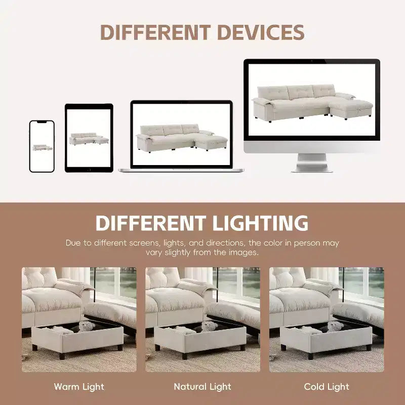 Divano modulare a 4 posti con pouf contenitore, portabicchieri, ricarica USB e Type-C, cuscini trapuntati, vani portaoggetti sui braccioli, rivestimento morbido