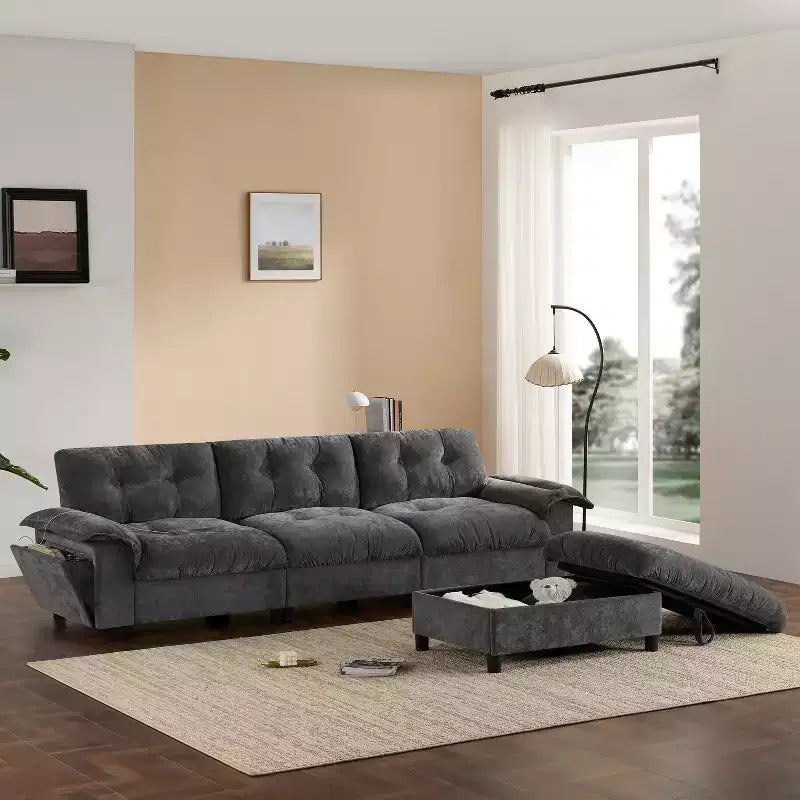 Divano modulare a 4 posti con pouf contenitore, portabicchieri, ricarica USB e Type-C, cuscini trapuntati, vani portaoggetti sui braccioli, rivestimento morbido