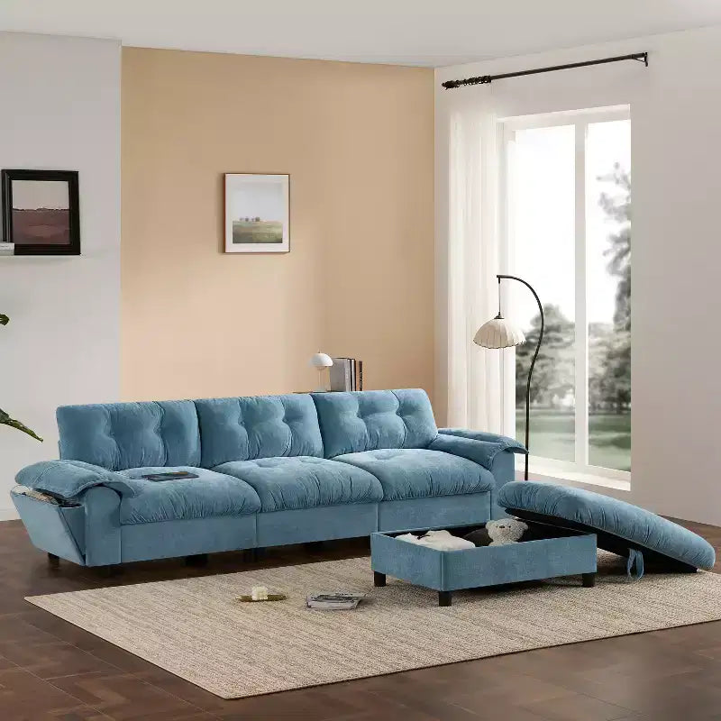 Divano modulare a 4 posti con pouf contenitore, portabicchieri, ricarica USB e Type-C, cuscini trapuntati, vani portaoggetti sui braccioli, rivestimento morbido
