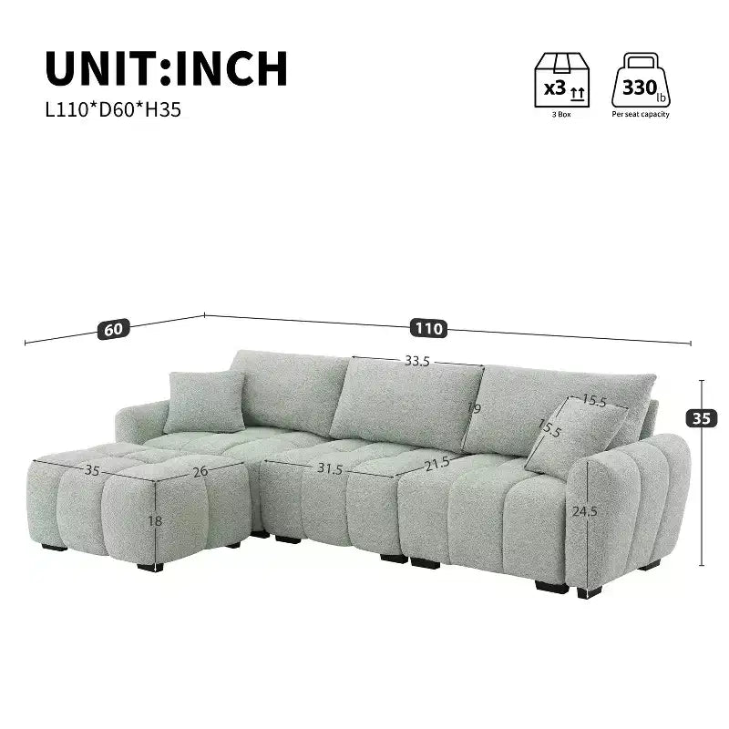 Divano sezionale modulare a L da 110 pollici con seduta extra-large, cuscino con cuciture a vista, pouf, rivestimento in tessuto bouclé, 4 posti