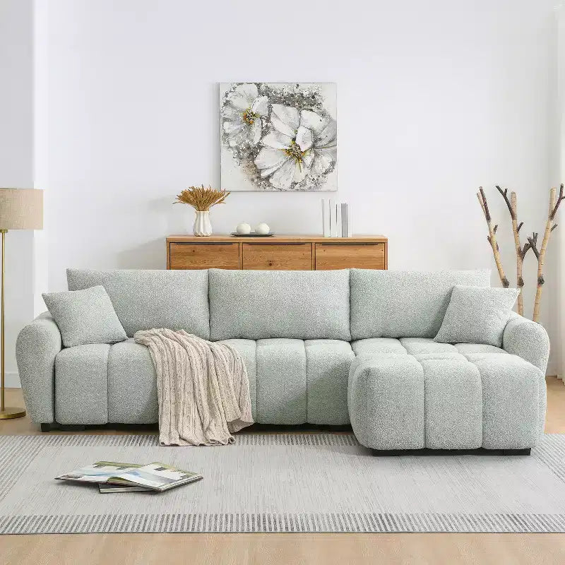Divano sezionale modulare a L da 110 pollici con seduta extra-large, cuscino con cuciture a vista, pouf, rivestimento in tessuto bouclé, 4 posti
