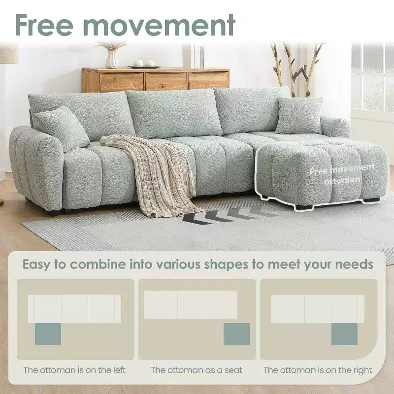Divano sezionale modulare a L da 110 pollici con seduta extra-large, cuscino con cuciture a vista, pouf, rivestimento in tessuto bouclé, 4 posti