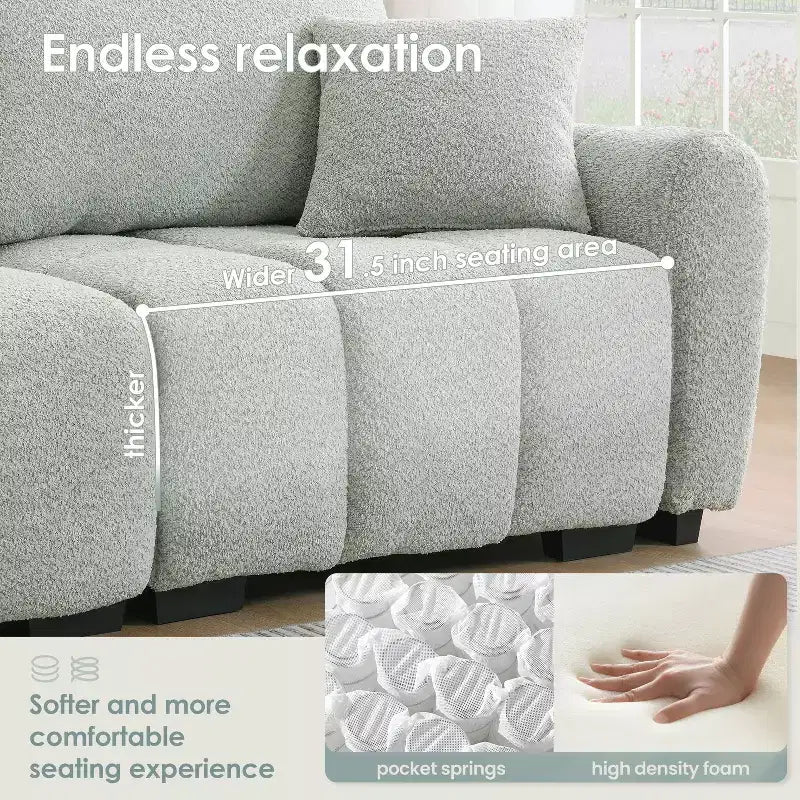 Divano sezionale modulare a L da 110 pollici con seduta extra-large, cuscino con cuciture a vista, pouf, rivestimento in tessuto bouclé, 4 posti