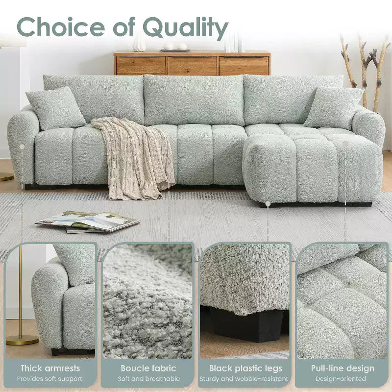 Divano sezionale modulare a L da 110 pollici con seduta extra-large, cuscino con cuciture a vista, pouf, rivestimento in tessuto bouclé, 4 posti