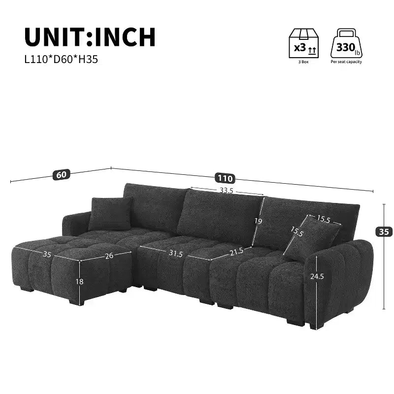 Divano sezionale modulare a L da 110 pollici con seduta extra-large, cuscino con cuciture a vista, pouf, rivestimento in tessuto bouclé, 4 posti