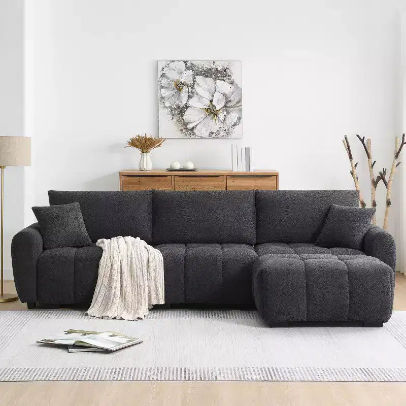 Divano sezionale modulare a L da 110 pollici con seduta extra-large, cuscino con cuciture a vista, pouf, rivestimento in tessuto bouclé, 4 posti