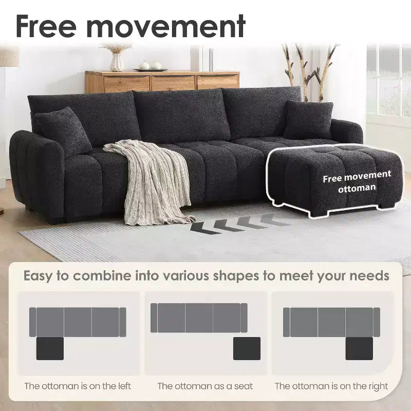 Divano sezionale modulare a L da 110 pollici con seduta extra-large, cuscino con cuciture a vista, pouf, rivestimento in tessuto bouclé, 4 posti
