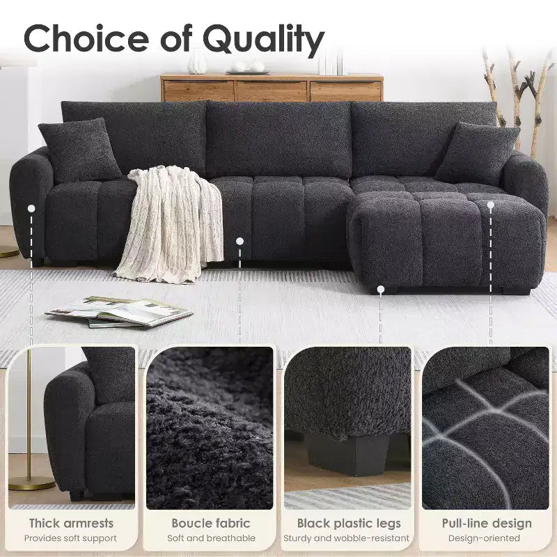 Divano sezionale modulare a L da 110 pollici con seduta extra-large, cuscino con cuciture a vista, pouf, rivestimento in tessuto bouclé, 4 posti