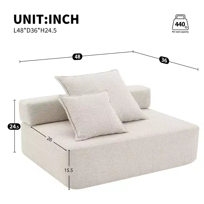 Poltrona angolare in tessuto bouclé modulare oversize, divano da pavimento imbottito in schiuma con 2 cuscini, componibile convertibile, 1 posto, beige