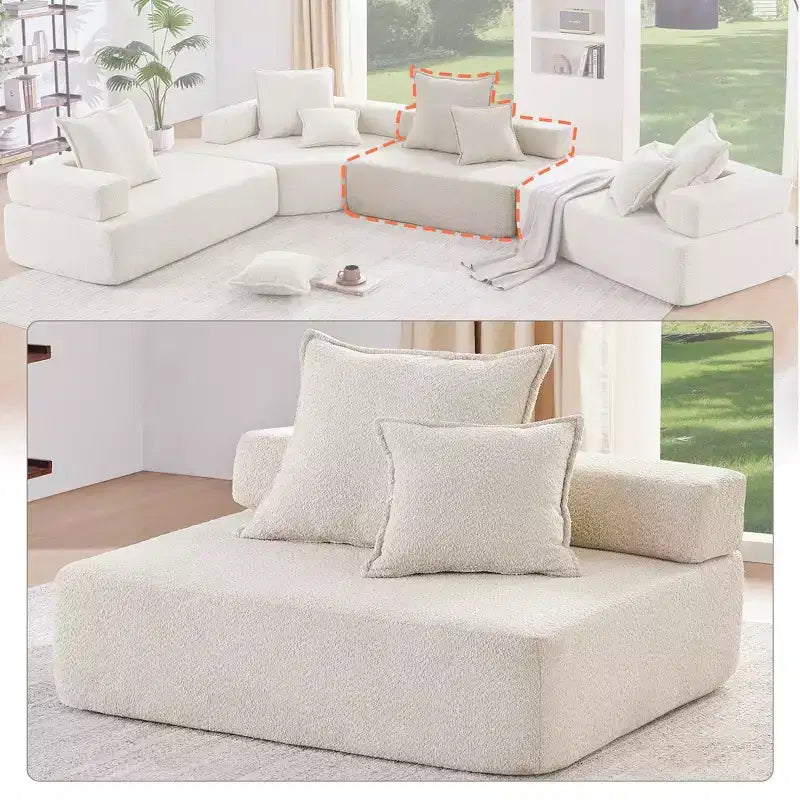 Poltrona angolare in tessuto bouclé modulare oversize, divano da pavimento imbottito in schiuma con 2 cuscini, componibile convertibile, 1 posto, beige