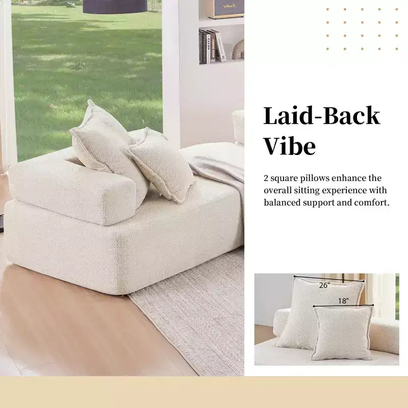 Poltrona angolare in tessuto bouclé modulare oversize, divano da pavimento imbottito in schiuma con 2 cuscini, componibile convertibile, 1 posto, beige