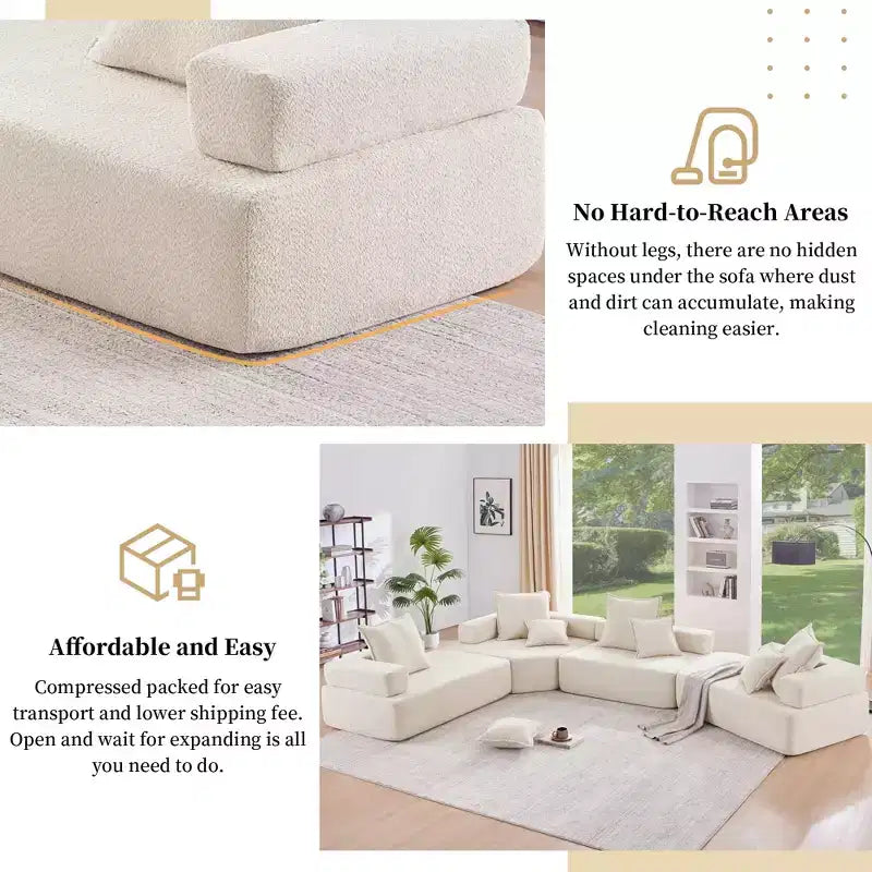 Poltrona angolare in tessuto bouclé modulare oversize, divano da pavimento imbottito in schiuma con 2 cuscini, componibile convertibile, 1 posto, beige