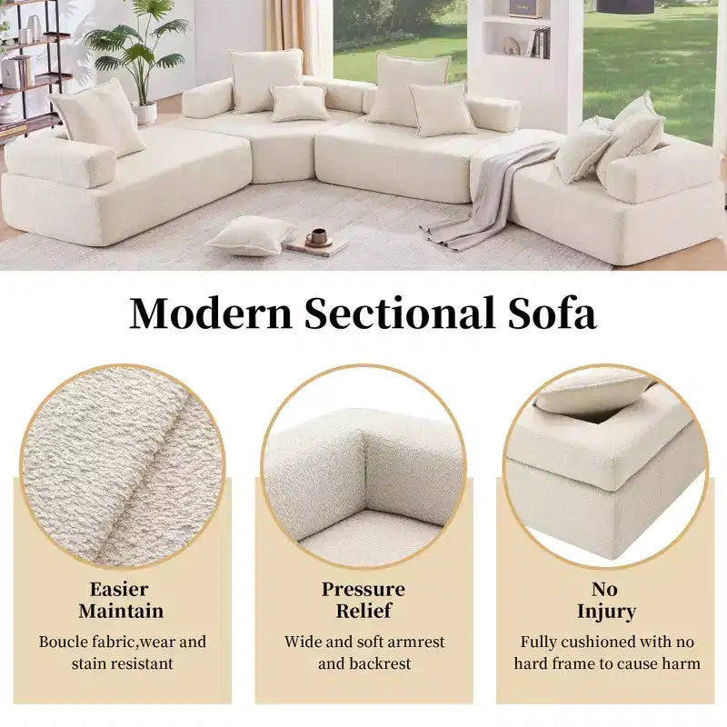 Poltrona angolare in tessuto bouclé modulare oversize, divano da pavimento imbottito in schiuma con 2 cuscini, componibile convertibile, 1 posto, beige