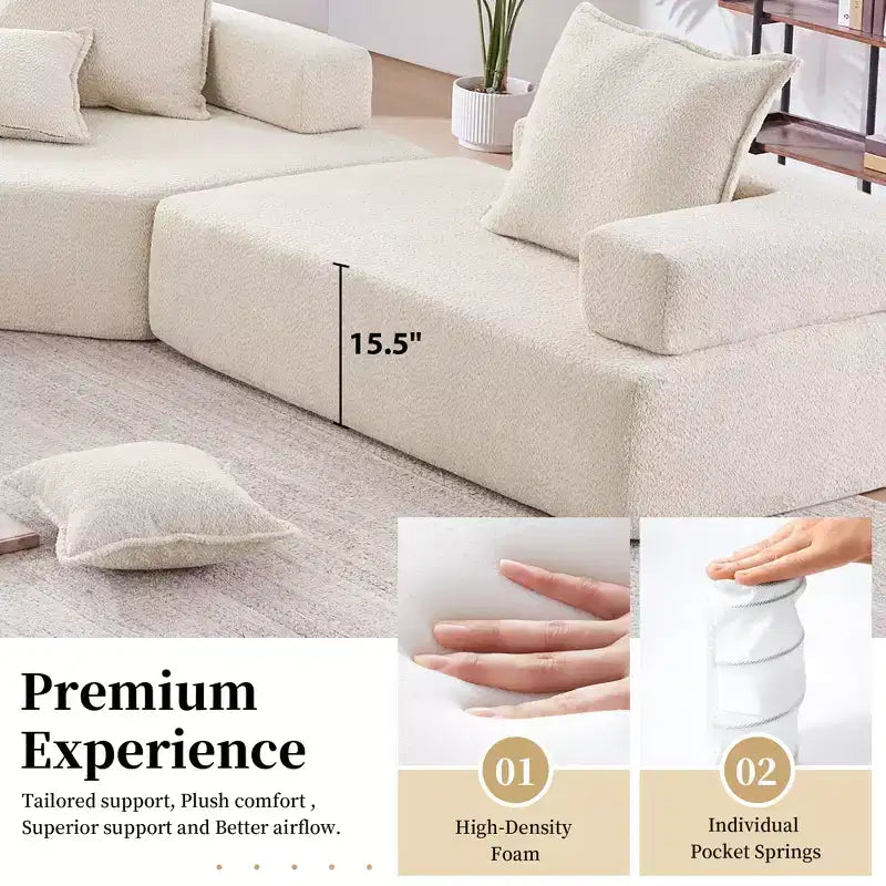 Poltrona angolare in tessuto bouclé modulare oversize, divano da pavimento imbottito in schiuma con 2 cuscini, componibile convertibile, 1 posto, beige