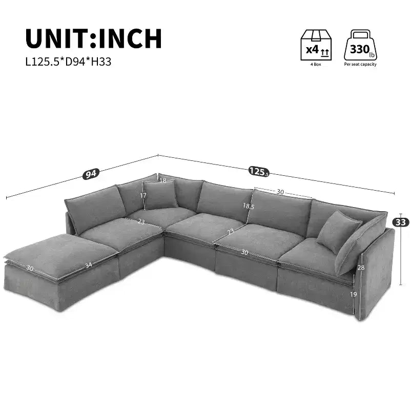 Divano Sezionale Modulare 6 Posti in ciniglia da 125.5'', Seduta Larga con Pouf Mobile, Divano Oversize per Soggiorno o Appartamento