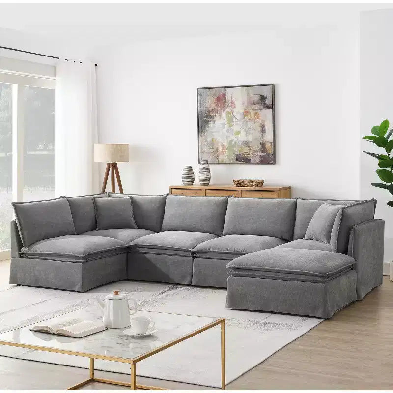 Divano Sezionale Modulare 6 Posti in ciniglia da 125.5'', Seduta Larga con Pouf Mobile, Divano Oversize per Soggiorno o Appartamento