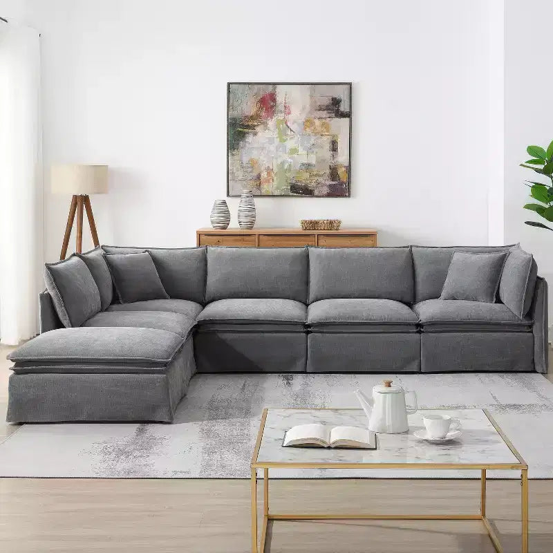 Divano Sezionale Modulare 6 Posti in ciniglia da 125.5'', Seduta Larga con Pouf Mobile, Divano Oversize per Soggiorno o Appartamento
