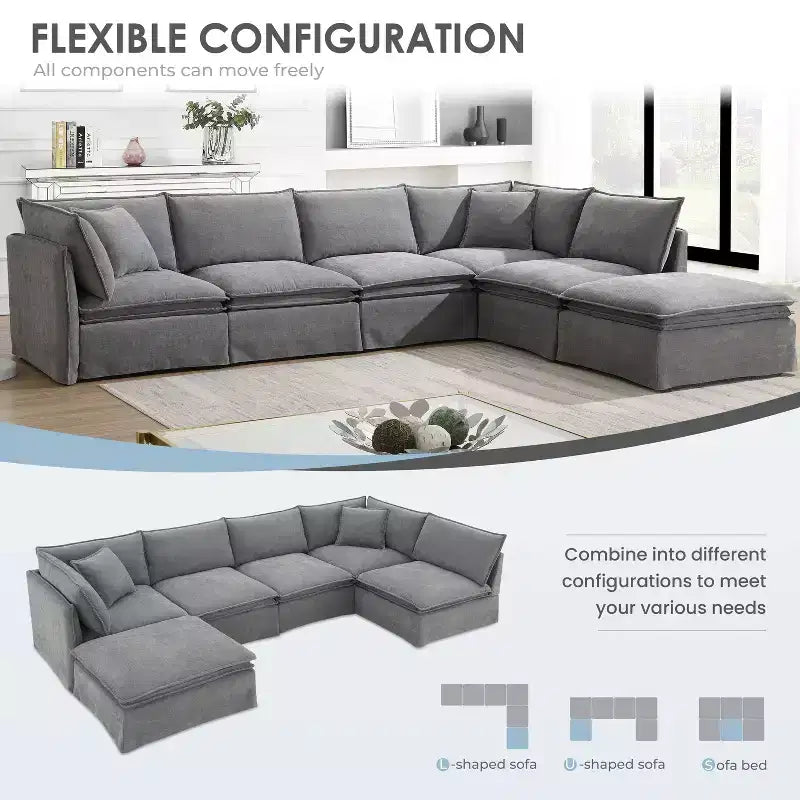 Divano Sezionale Modulare 6 Posti in ciniglia da 125.5'', Seduta Larga con Pouf Mobile, Divano Oversize per Soggiorno o Appartamento