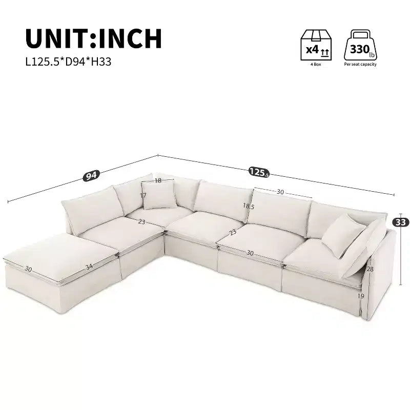 Divano Sezionale Modulare 6 Posti in ciniglia da 125.5'', Seduta Larga con Pouf Mobile, Divano Oversize per Soggiorno o Appartamento