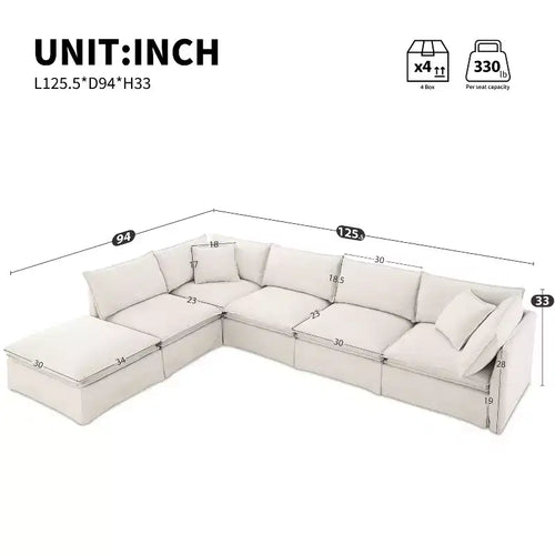 Divano Sezionale Modulare 6 Posti in ciniglia da 125.5'', Seduta Larga con Pouf Mobile, Divano Oversize per Soggiorno o Appartamento
