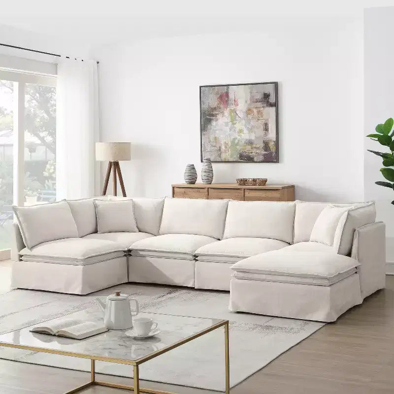 Divano Sezionale Modulare 6 Posti in ciniglia da 125.5'', Seduta Larga con Pouf Mobile, Divano Oversize per Soggiorno o Appartamento