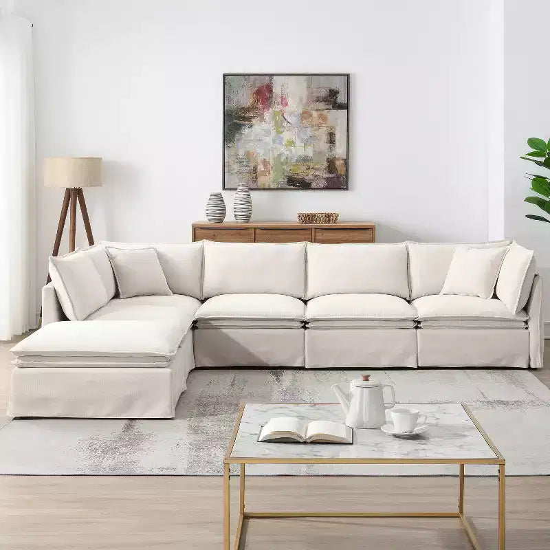 Divano Sezionale Modulare 6 Posti in ciniglia da 125.5'', Seduta Larga con Pouf Mobile, Divano Oversize per Soggiorno o Appartamento