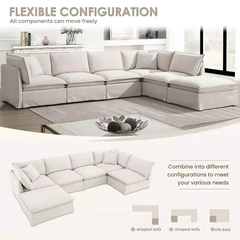Divano Sezionale Modulare 6 Posti in ciniglia da 125.5'', Seduta Larga con Pouf Mobile, Divano Oversize per Soggiorno o Appartamento