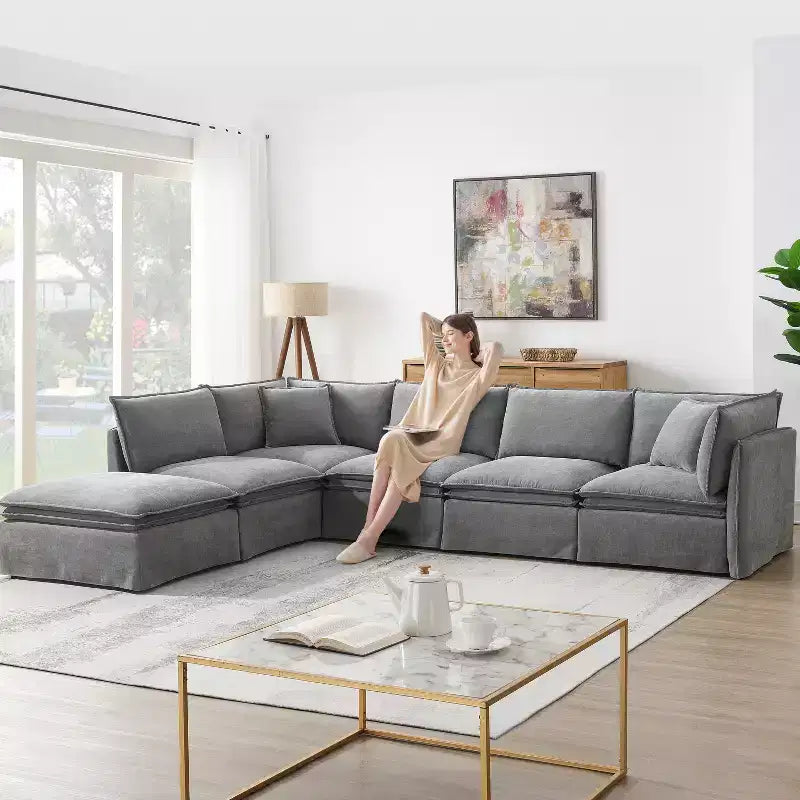Divano Sezionale Modulare 6 Posti in ciniglia da 125.5'', Seduta Larga con Pouf Mobile, Divano Oversize per Soggiorno o Appartamento