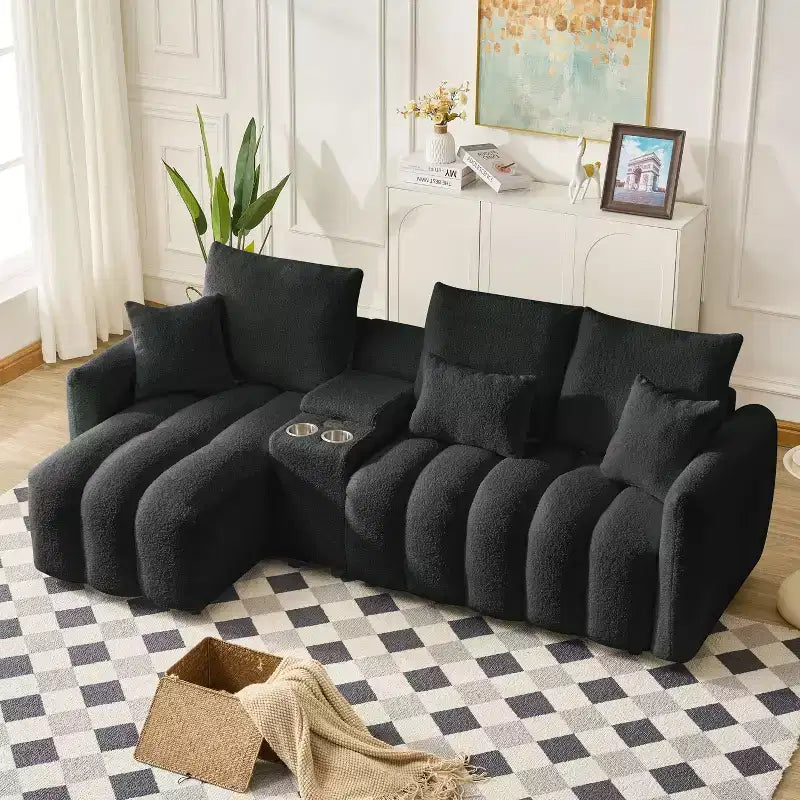 Divano componibile moderno a L imbottito a 3 posti con console e cuscini GDFStudio Lyney 91.73