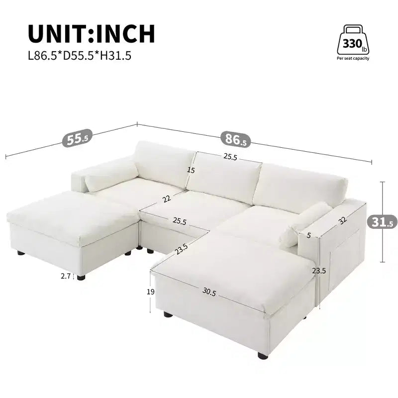 Divano componibile in ciniglia da 86,5'' con tasche portaoggetti, pouf e cuscini, divano a nuvola a U a 5 posti per soggiorno