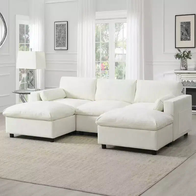 86.5'' Chenille Modular Sectional Sofa with Storage Pockets, Ottomans, and Pillows, 5-Seat U-Shaped Cloud Couch for Living Room