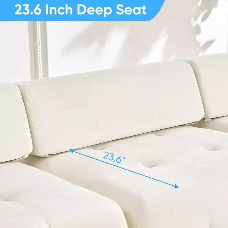 Divano sezionale in velluto a forma di L Mjkone, divano componibile a 4 posti con pouf, divani trasformabili con bordo borchiato