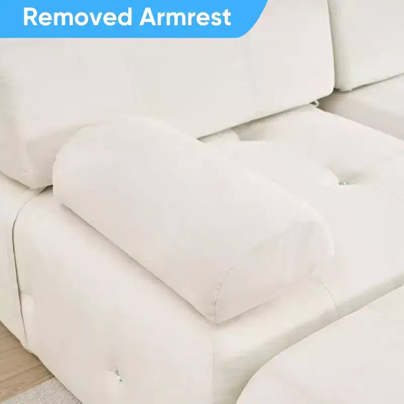 Divano sezionale in velluto a forma di L Mjkone, divano componibile a 4 posti con pouf, divani trasformabili con bordo borchiato