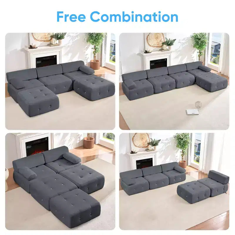 Divano sezionale in velluto a forma di L Mjkone, divano componibile a 4 posti con pouf, divani trasformabili con bordo borchiato